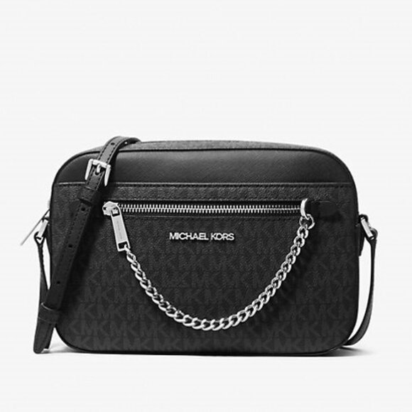 NWT Michael Kors Jet Set Large Logo Crossbody Bag Black Silver 35S1STTC9B - Picture 2 of 7